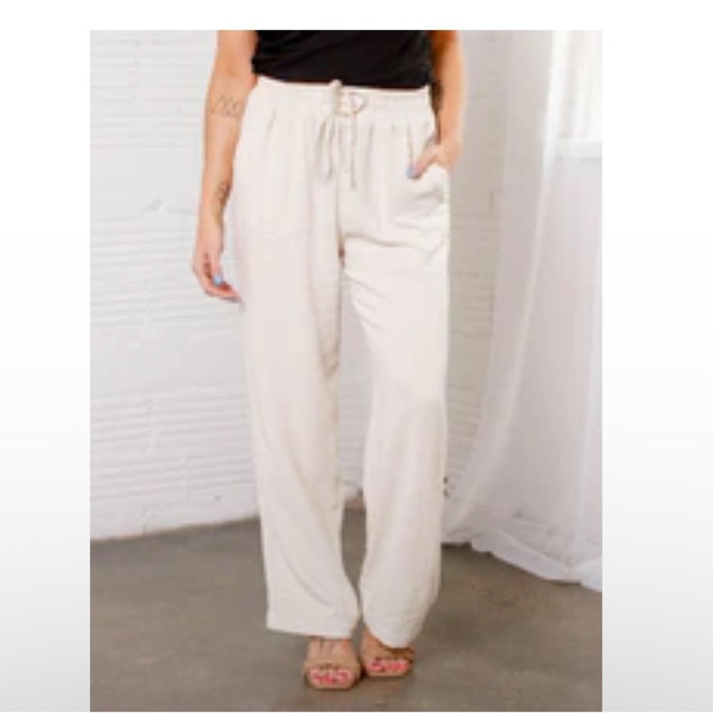 Self Drawstring Elastic Waist Straight Pant